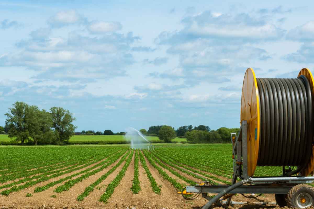 Carrete de manguera de riego junto a un campo de cultivo con aspersor